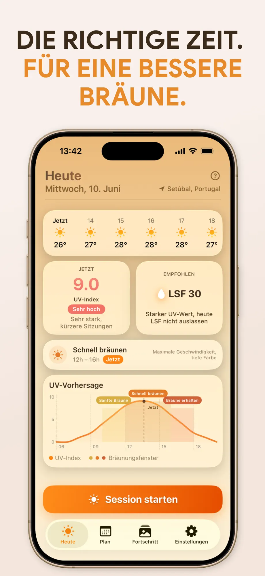 SuperBräune Heute-Ansicht mit UV-Index live 9.0, empfohlenem LSF 30, Schnell-bräunen-Fenster und stündlicher UV-Vorhersagekurve