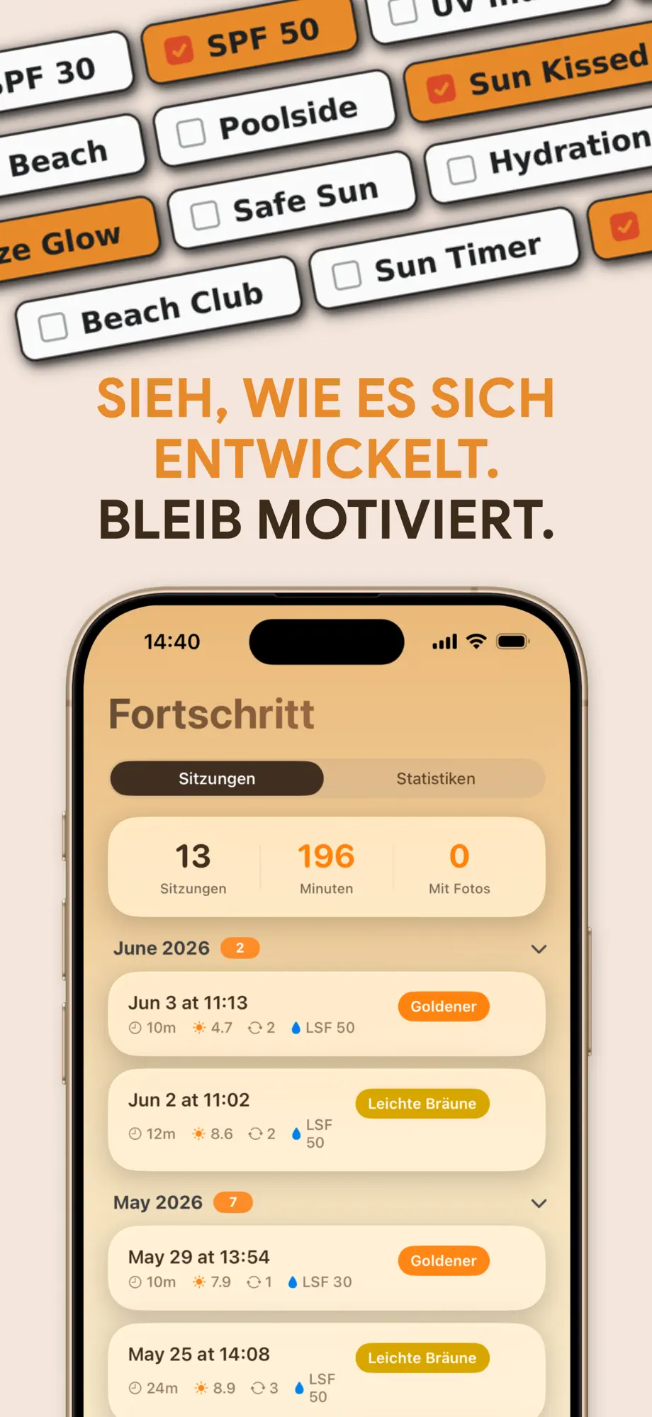 Bräunungs-Session-Verlauf mit Glow-Ergebnissen und LSF-Log in SuperBräune