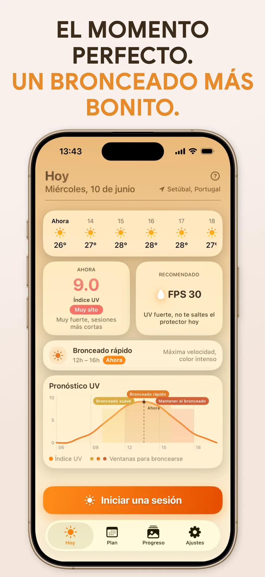 Pantalla Hoy de la app SuperBronce con índice UV en directo 9.0, FPS 30 recomendado, ventana de Bronceado rápido y curva de pronóstico UV horario