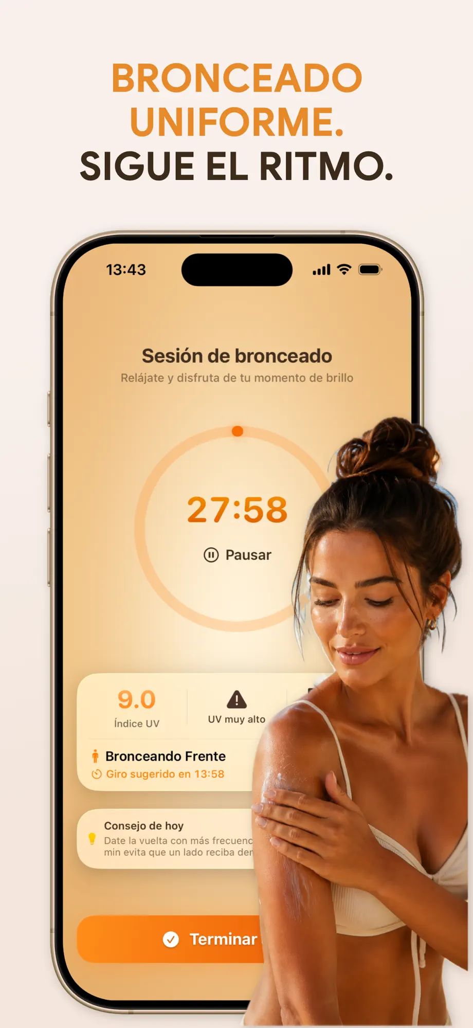 Temporizador de sesión guiada de SuperBronce mostrando la cuenta atrás sugerida para girarte
