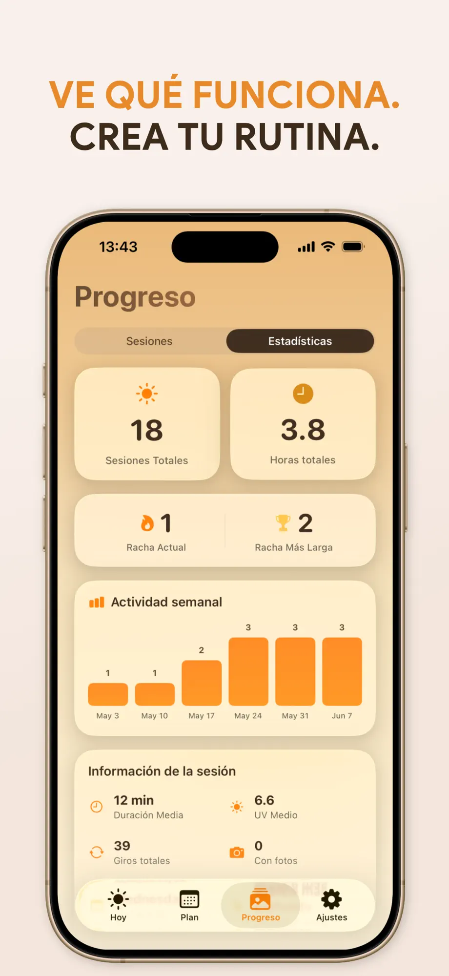 Estadísticas del bronceado: sesiones, rachas y actividad semanal en SuperBronce