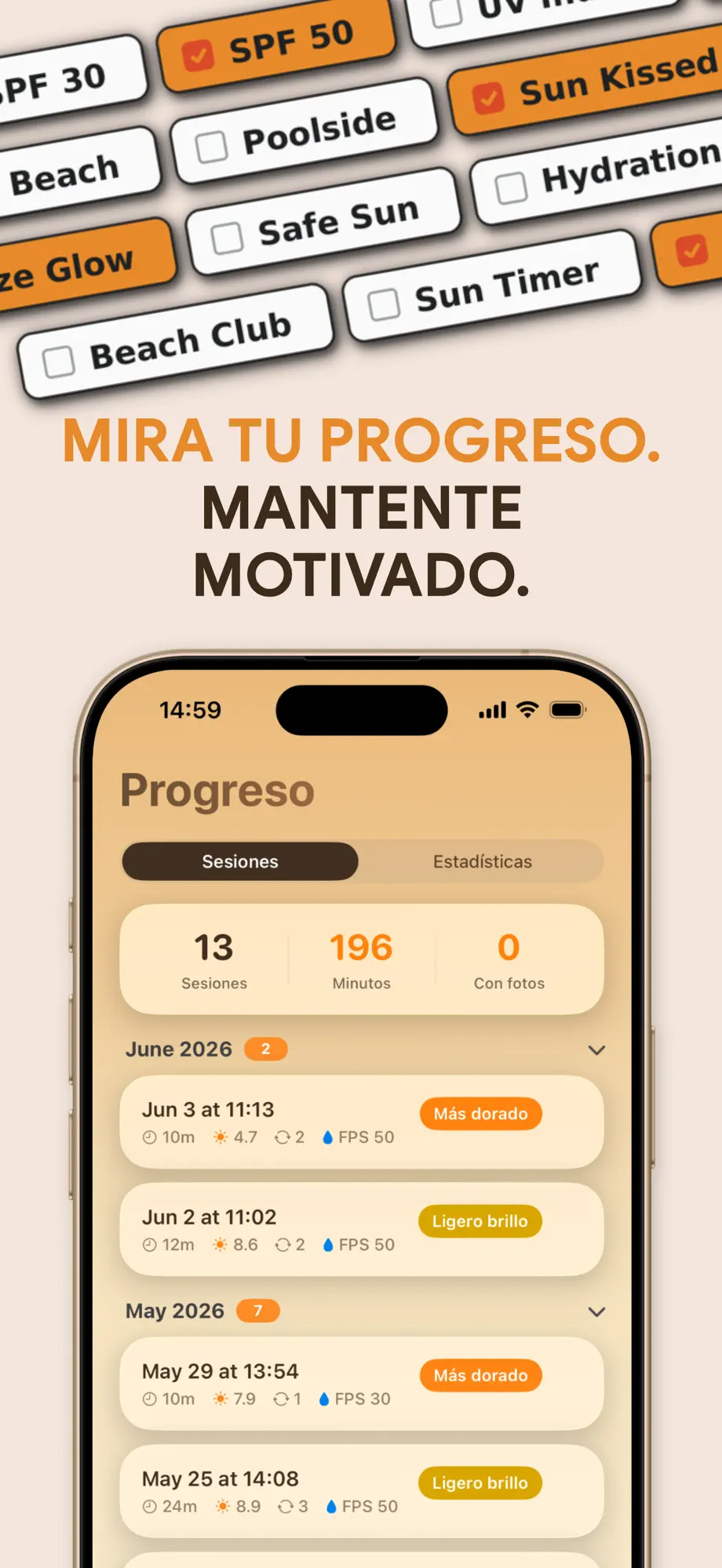 Historial de sesiones de bronceado con resultados de glow y FPS en SuperBronce