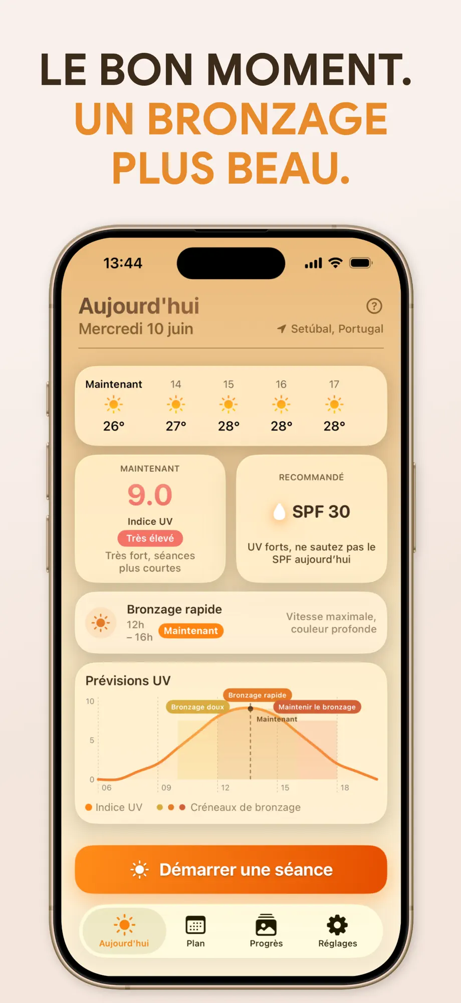 Écran Aujourd'hui de l'app SuperBronze : indice UV en direct 9.0, SPF 30 recommandé, créneau Bronzage rapide et courbe de prévisions UV