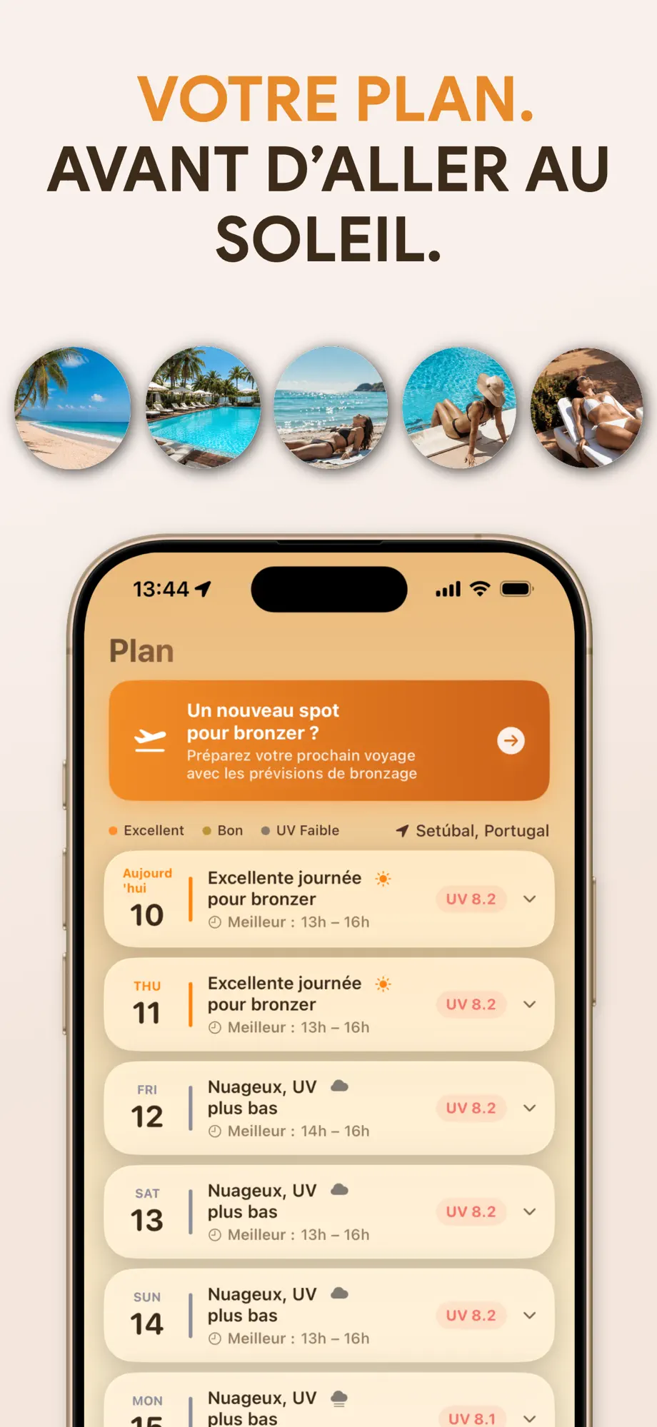 Onglet Plan de SuperBronze avec prévisions de bronzage sur 7 jours et planificateur de voyage