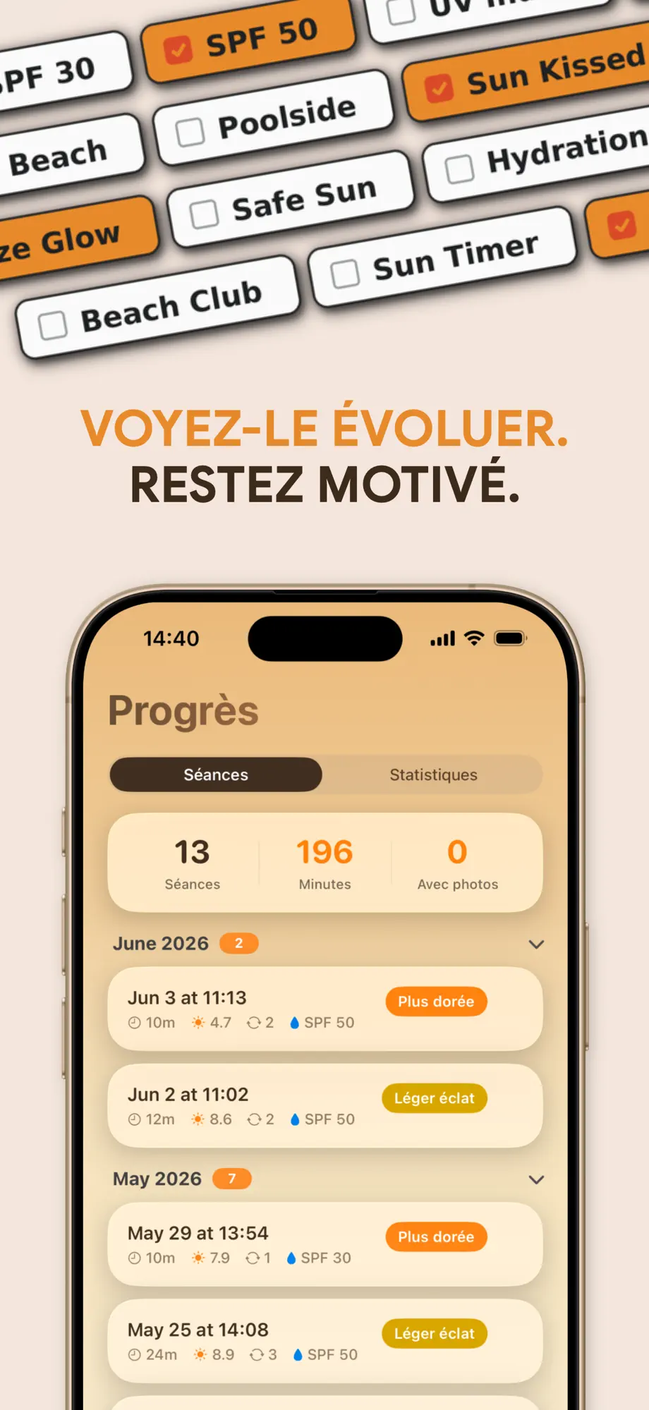 Historique des séances de bronzage avec résultats de glow et SPF dans SuperBronze