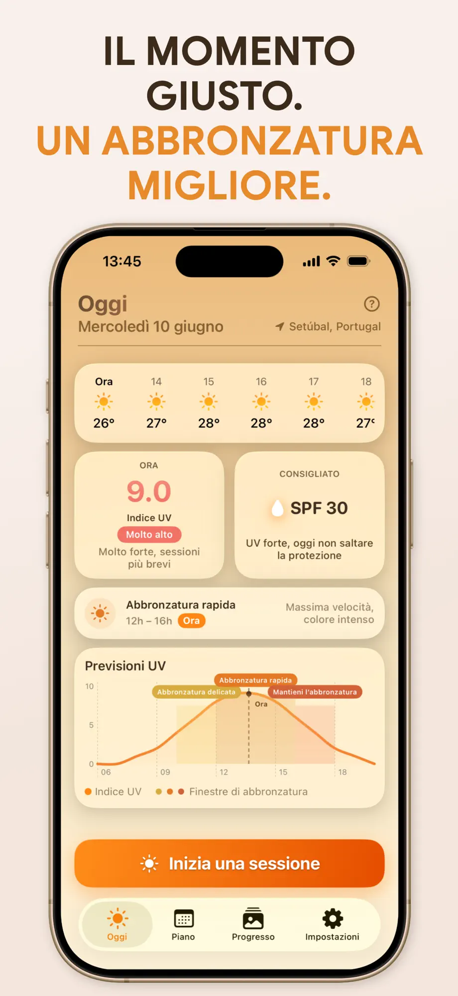 Schermata Oggi dell'app SuperBronzo: indice UV in tempo reale 9.0, SPF 30 consigliato, finestra Abbronzatura rapida e curva delle previsioni UV
