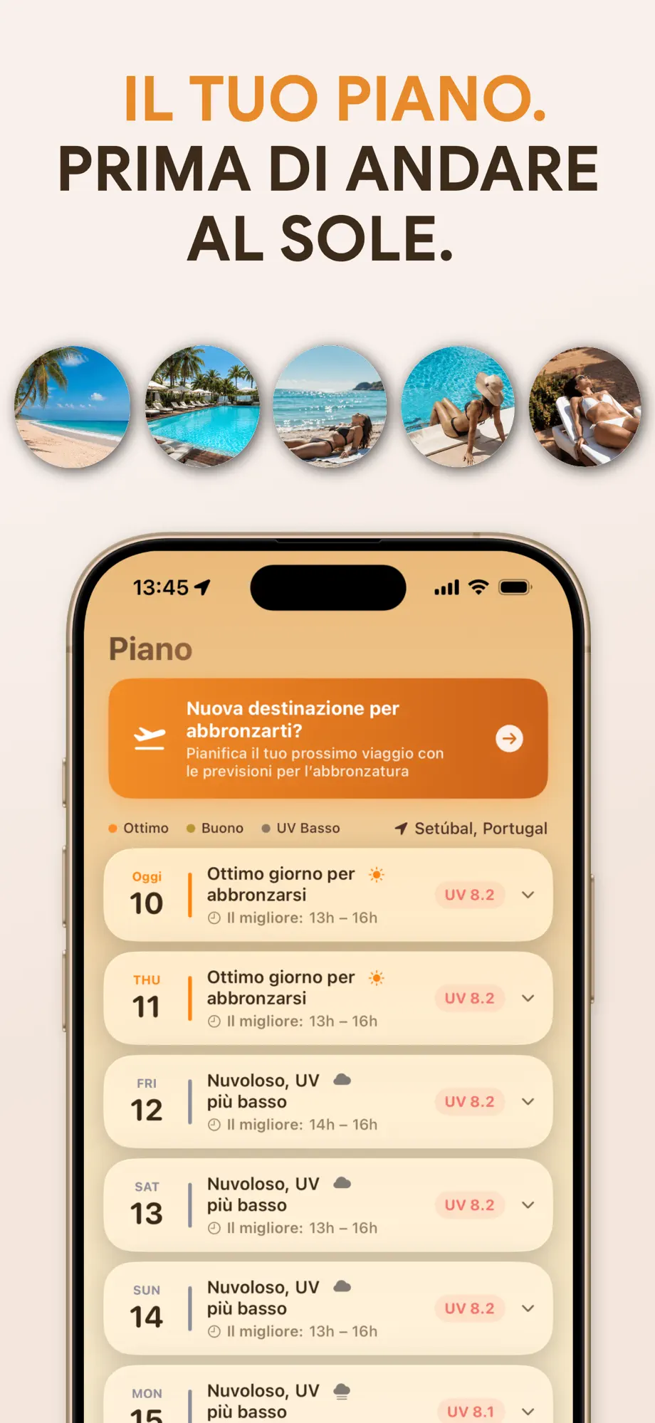 Scheda Piano di SuperBronzo con previsioni di abbronzatura a 7 giorni e pianificatore di viaggio