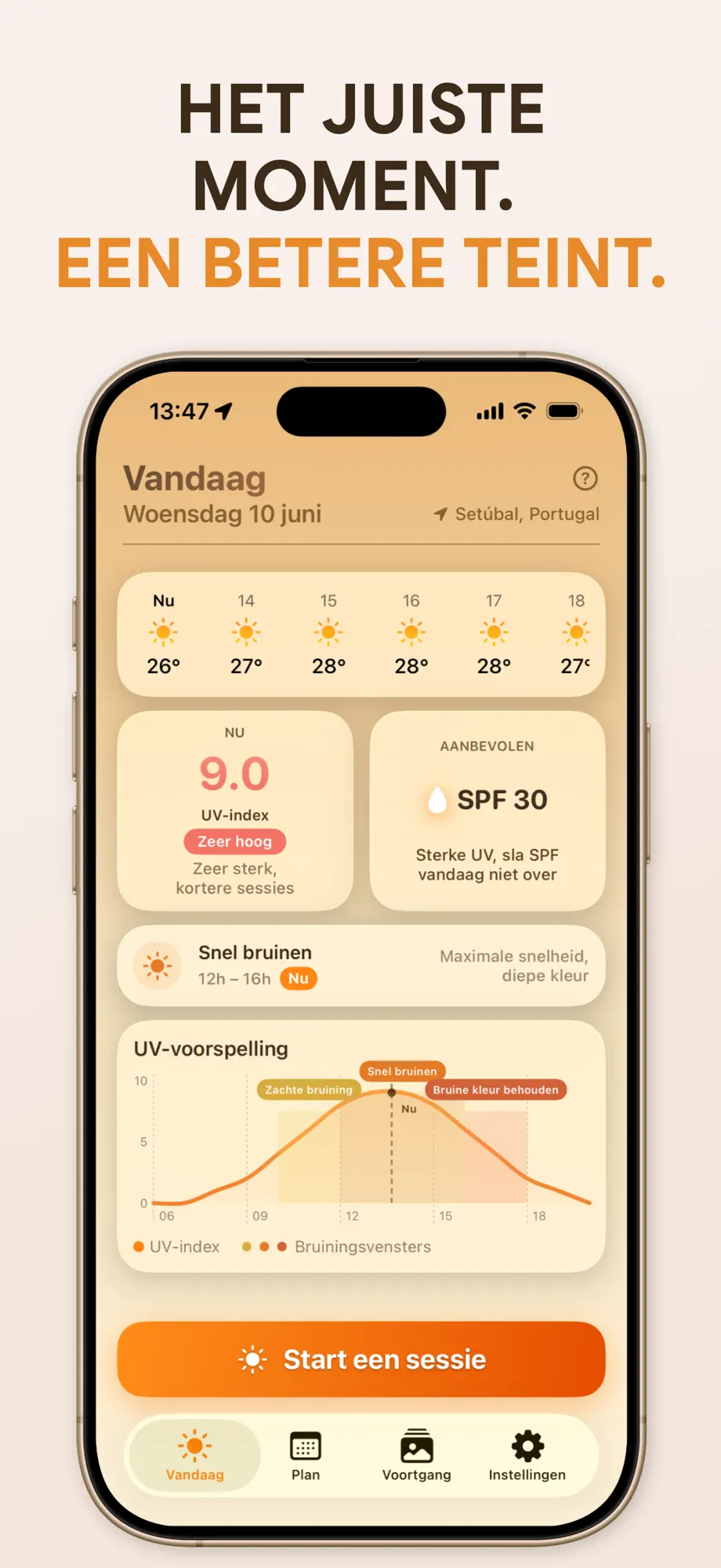 SuperBruin bruiningsapp Vandaag-scherm met live UV-index 9.0, aanbevolen SPF 30, Snel bruinen-venster en uurlijkse UV-voorspellingscurve