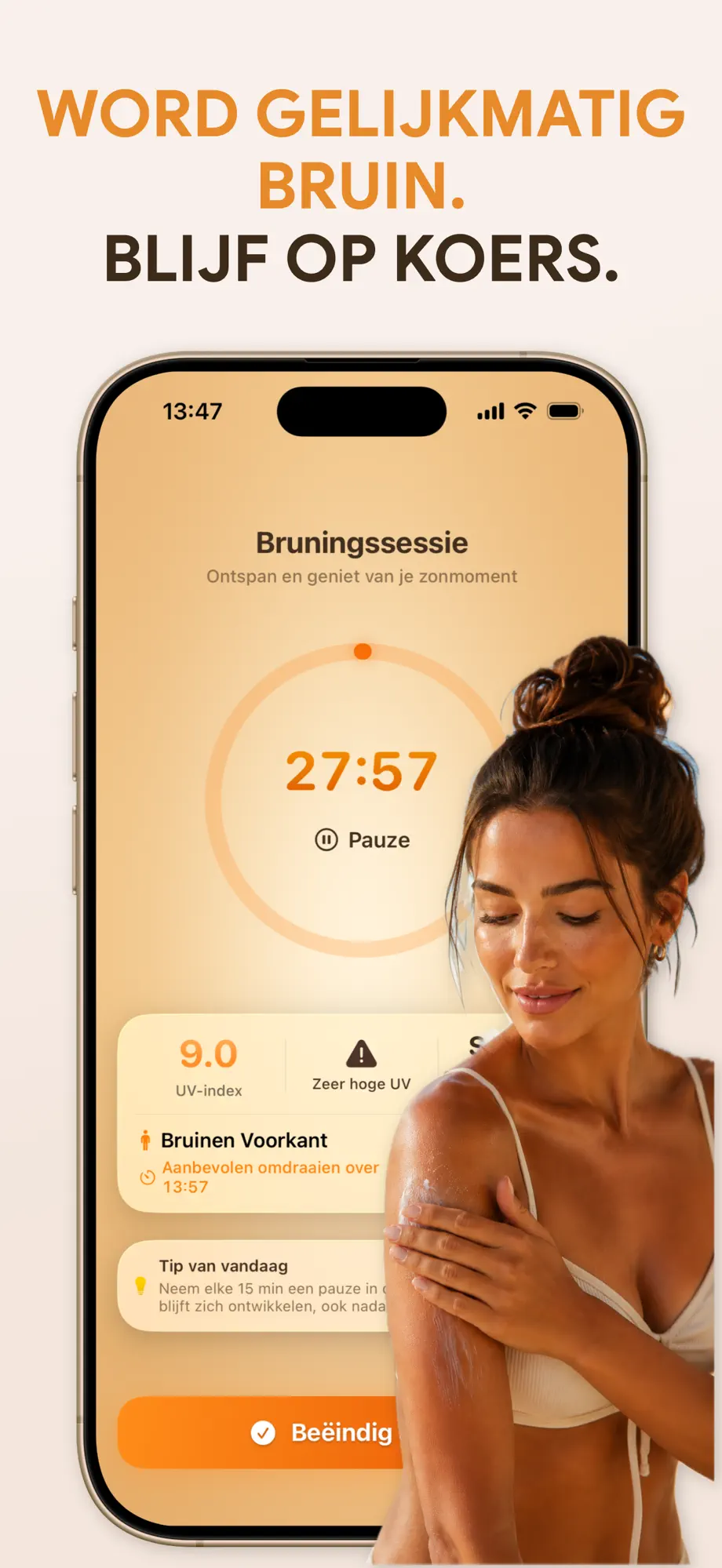 SuperBruin begeleide sessietimer met voorgesteld aftellen tot omdraaien
