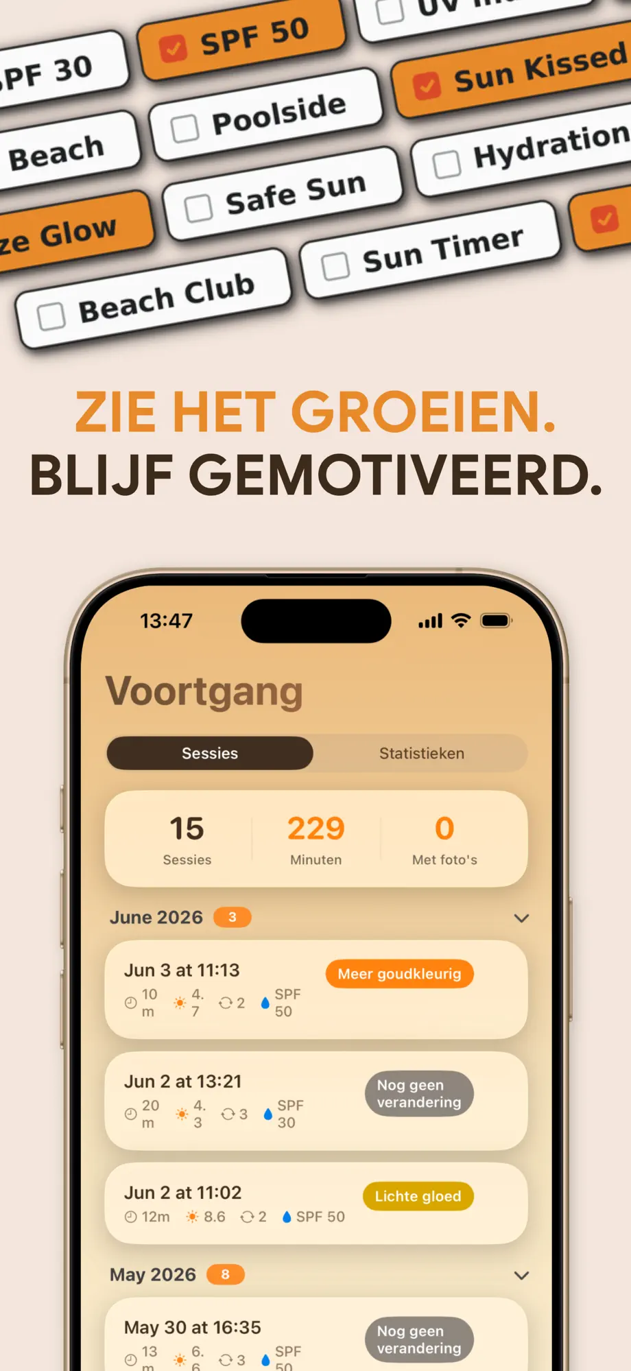 Bruiningssessiegeschiedenis met gloed-resultaten en SPF-log in SuperBruin