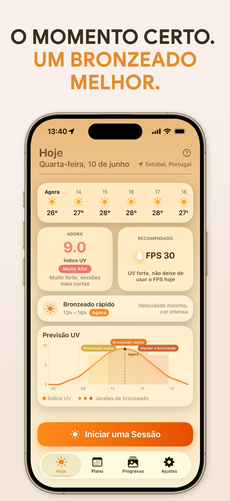 Tela Hoje do app SuperBronze mostrando índice UV ao vivo 9.0, FPS 30 recomendado, janela de Bronzeado rápido e curva de previsão UV por hora