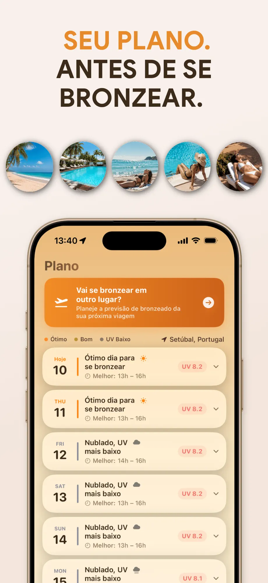 Aba Plano do SuperBronze com previsão de bronzeado de 7 dias e planejador de viagem