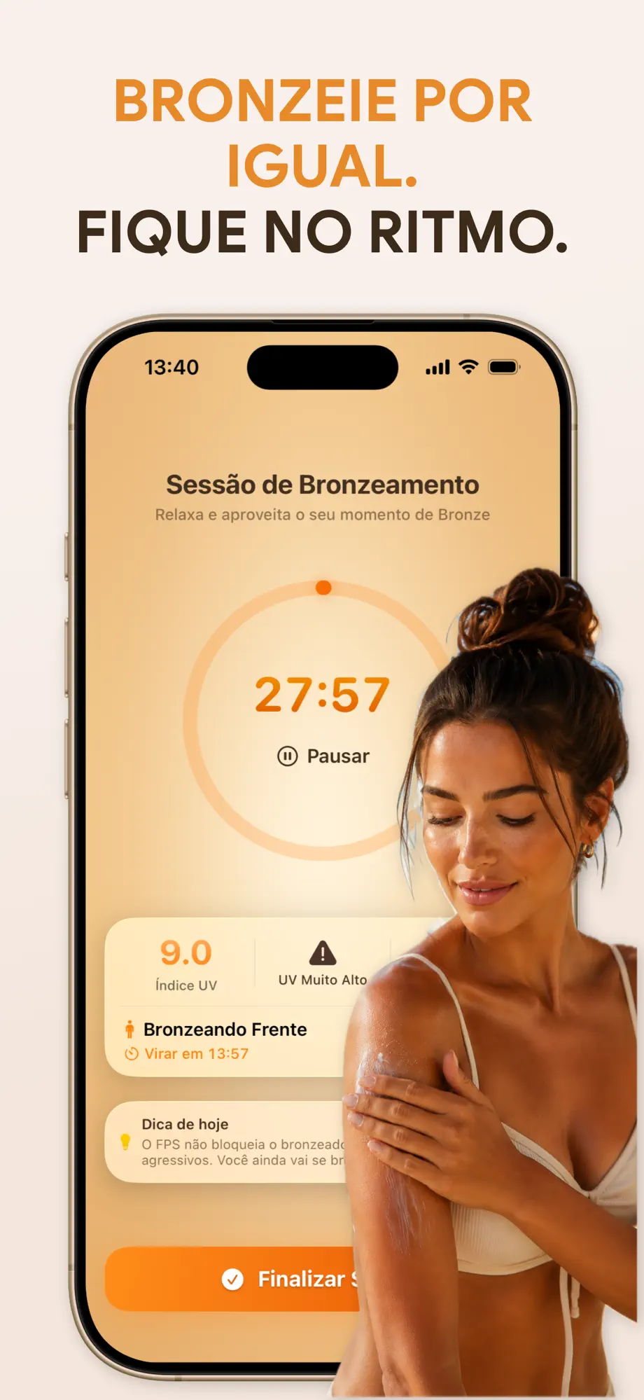 Timer de sessão guiada do SuperBronze mostrando a contagem regressiva sugerida para virar