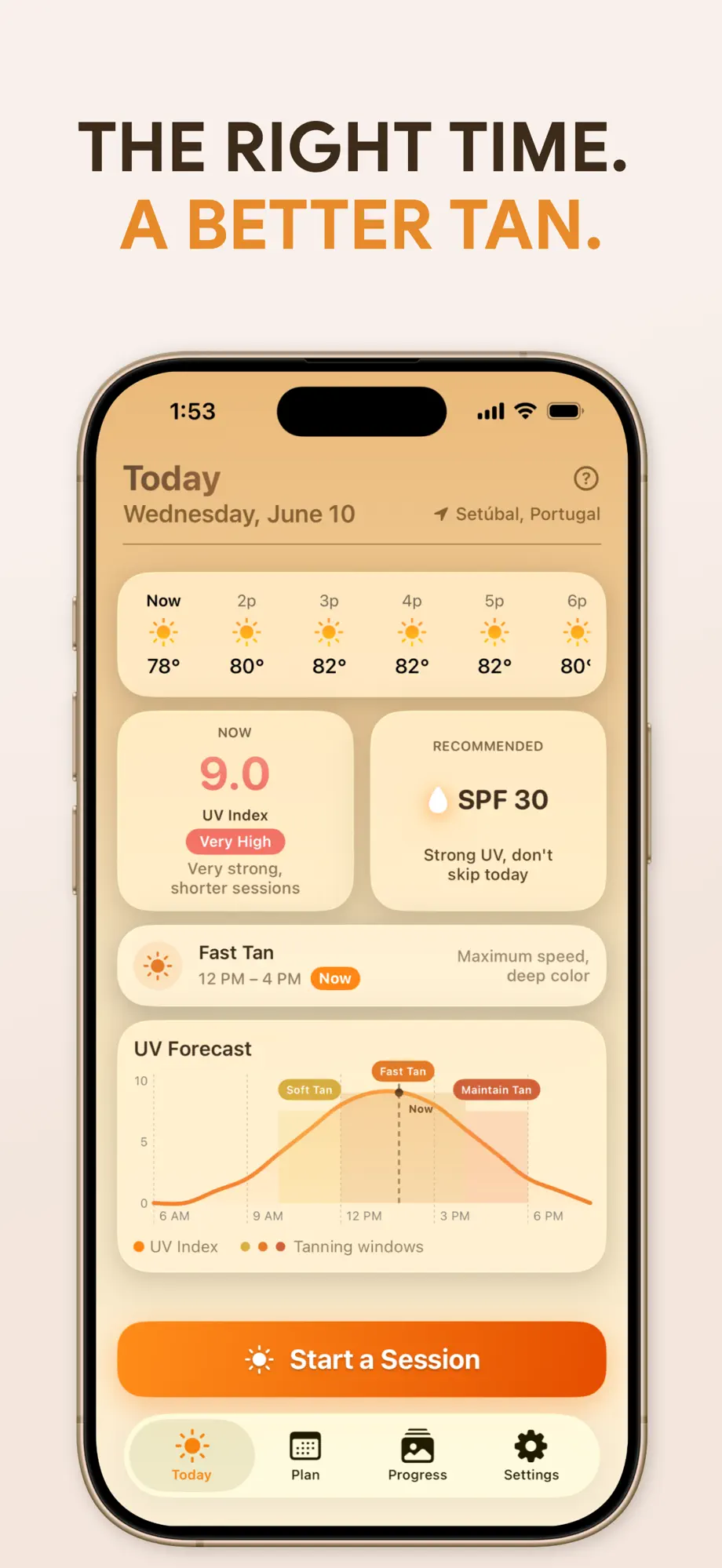 SupaTan tanning app Today screen showing live UV index 9.0, recommended SPF 30, Fast Tan window and hourly UV forecast curve