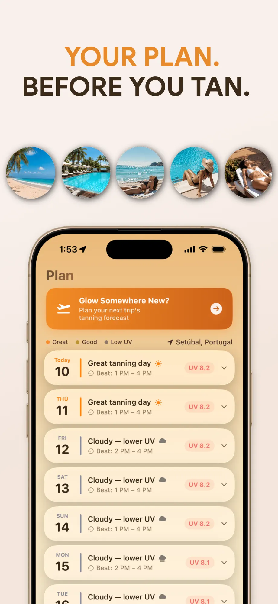 7-day tanning forecast and vacation tanning planner in SupaTan