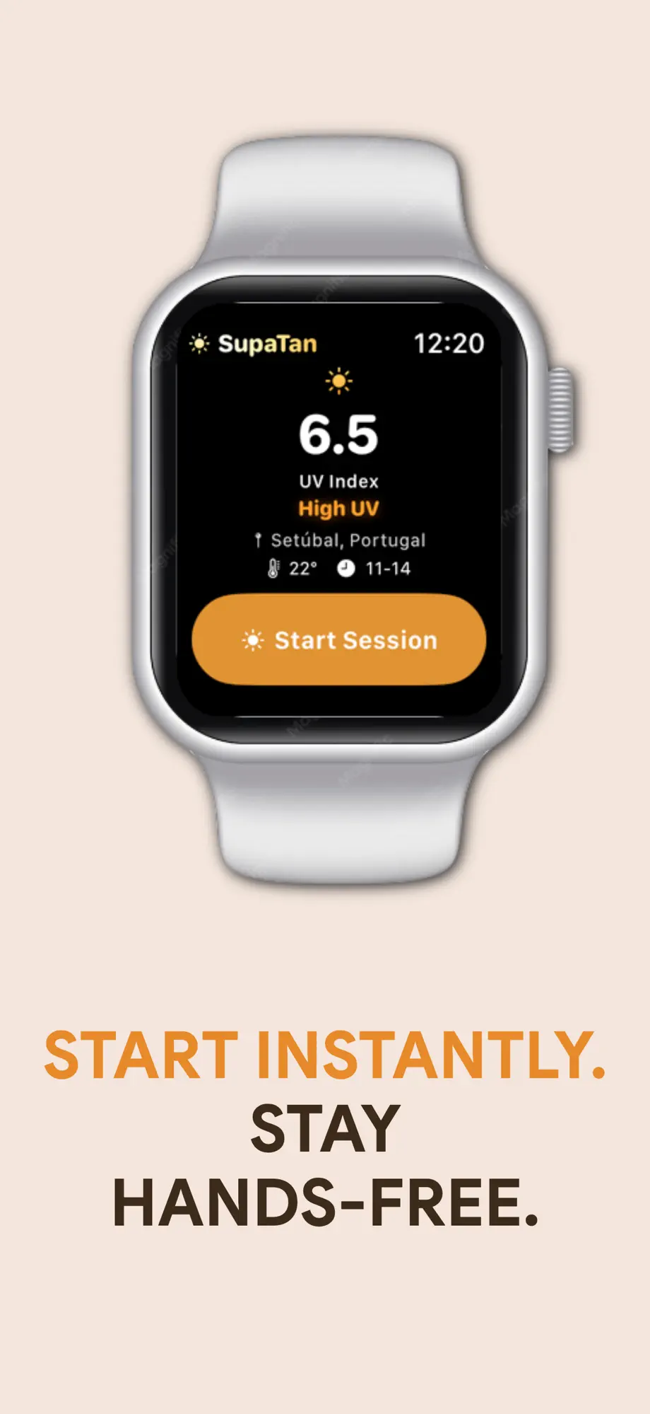 SupaTan Apple Watch app showing live UV index and Start Session button